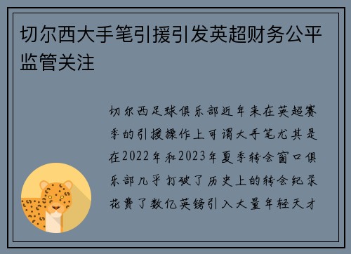 切尔西大手笔引援引发英超财务公平监管关注 切尔西大手笔引援引发英超财务公平监管关注