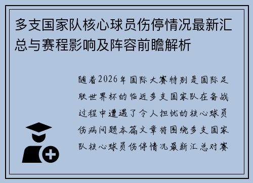 多支国家队核心球员伤停情况最新汇总与赛程影响及阵容前瞻解析